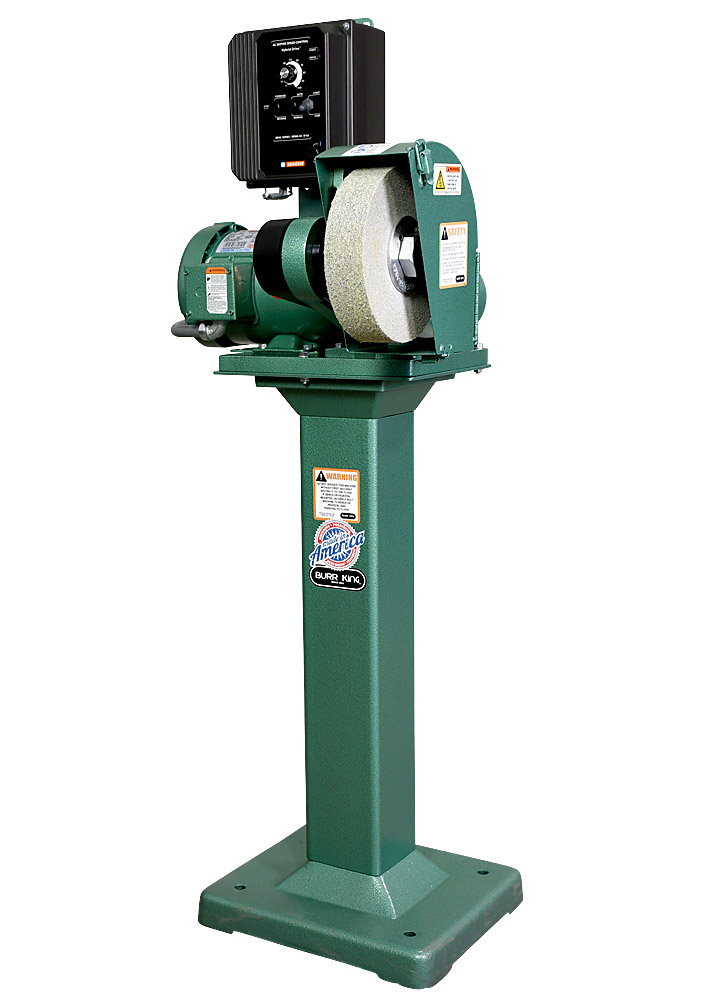 81110 model 800 polishing lathe / buffer / deburring machine with deburring wheel, DS8 dust scoop, and 01 pedestal

120 volt variable speed 1.5 HP motor.

Shown from the right hand side.
